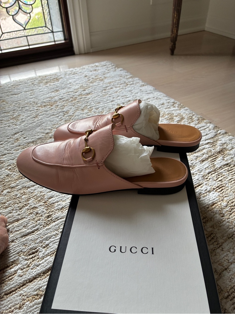 Gucci Pink Leather Horsebit Backless Loafers